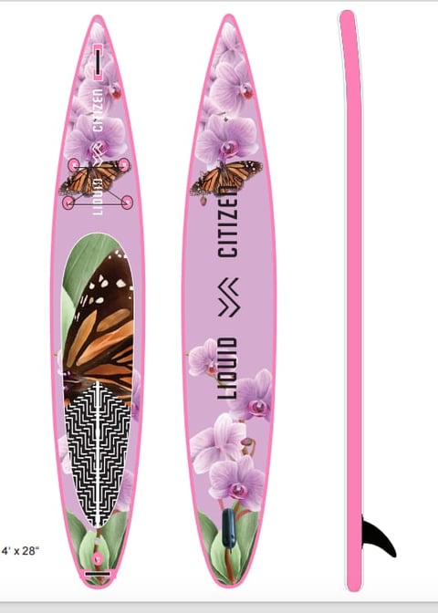 Pink paddleboard with butterfly and orchid design