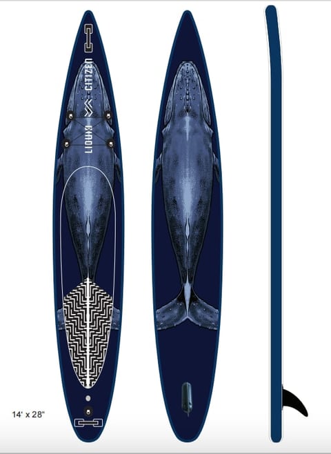 Dark blue paddleboard with geometric pattern design