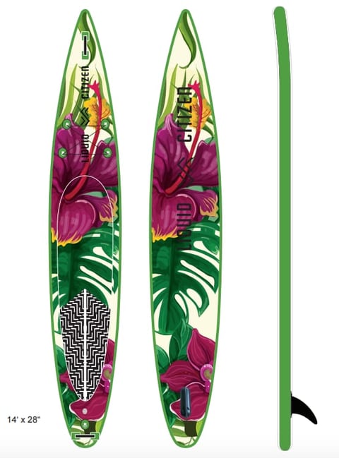 Paddleboard with tropical floral design in purple, pink, and green