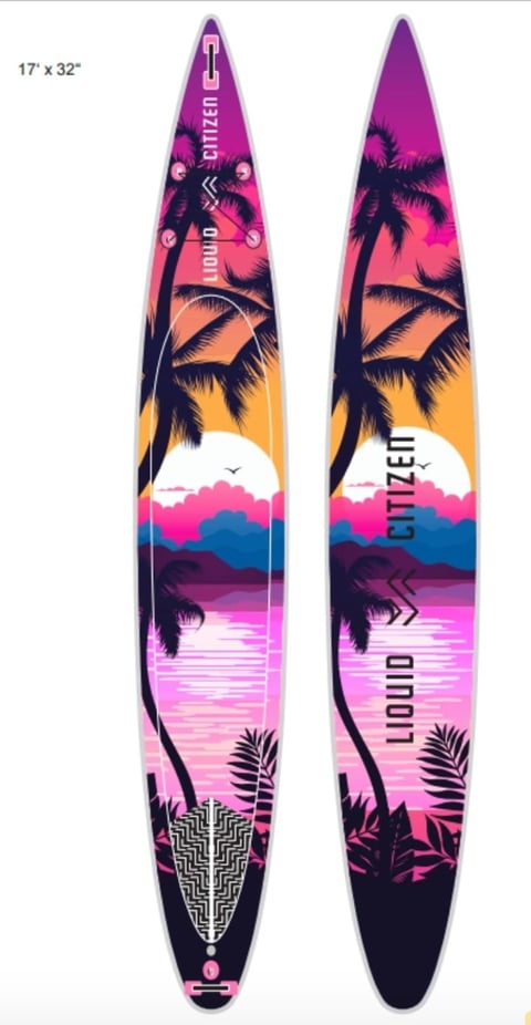 Two sides of a 17 x 32 inch wakeboard with vibrant gradient design featuring palm tree silhouettes and tropical sunset imagery in purple, pink, orange, and blue