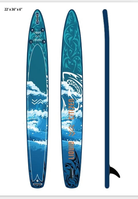 Three views of a blue Liquid Citizen wakeboard with wave and tribal designs, dimensions 22x36x6 inches