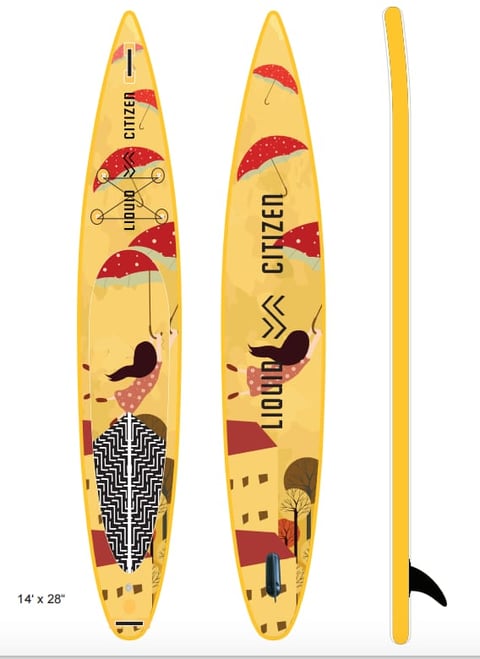 Yellow paddleboard with red umbrella and figures illustrations