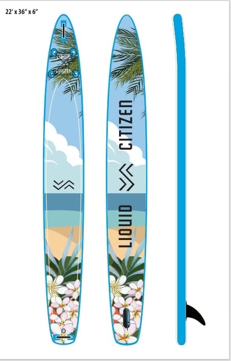 Paddleboard with tropical palm and flower design in blue
