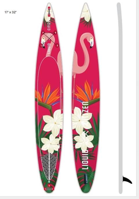 Two pink and red paddleboards with flamingo, bird of paradise, and white flower designs, shown from top and bottom views, 17 x 32 inches